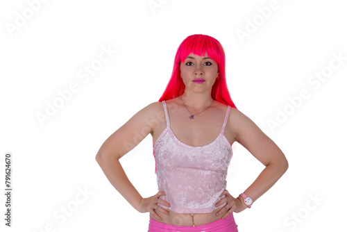 Woman dressed like a doll. Young beautiful sexy woman in camisole and pink skirt on white background. Red hair girl wears pink wig with fringe. Showing different emotions. Put hands on hips