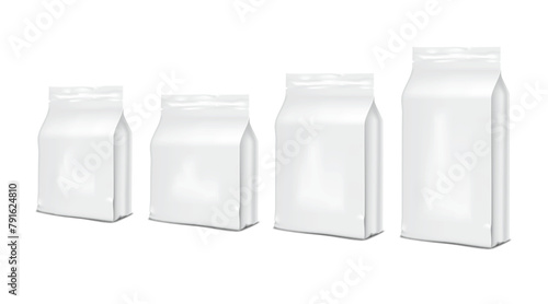 Flat bottom plastic bag. Vector mock-up set. Blank white gusseted pouch packaging with tear notches. Various sizes mockup kit. Template for design