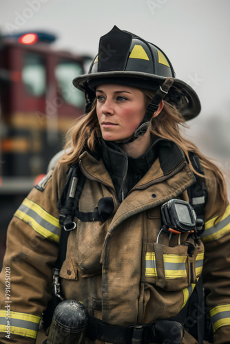 Focused female firefighter in full gear with a fire truck in the background