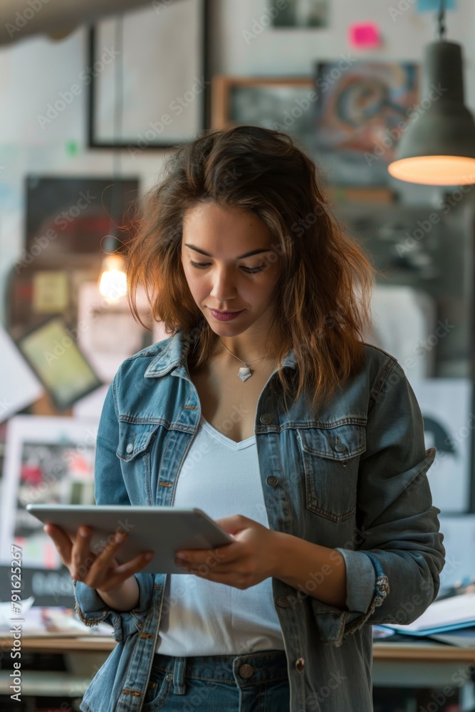 Focused young woman interacts with a digital tablet in a modern, artistic office setting Focused young woman interacts with a digital tablet in a modern, artistic office setting