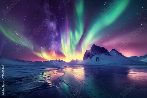 Ethereal pastel shades of the Aurora Borealis ripple over the frozen moonlit Arctic tundra © Anna