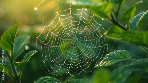 Spiderweb on green leaves with dew drops