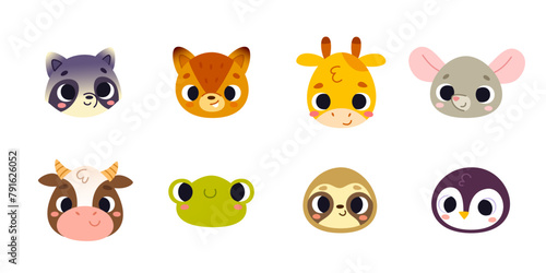 Cartoon set of cute animals heads. Vector collection of baby animals faces.