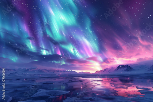 Ethereal pastel shades of the Aurora Borealis ripple over the frozen moonlit Arctic tundra