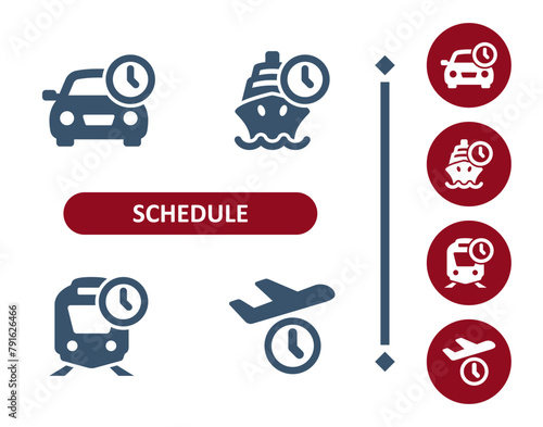 Schedule icons. Time, clock, public transport, travel, car, cruise ship, train, plane, airplane icon