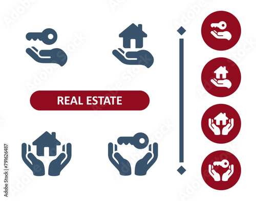 Real estate icons. House, home, hand, hands, realtor, home owner, key icon