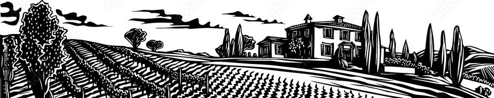Obraz premium majestic villa surrounded by the orderly rows of a vineyard sketch engraving generative ai raster illustration. Scratch board imitation. Black and white image.