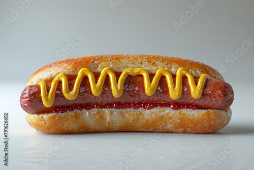 3D illustration of a breakfast hot dog with mustard and bun on a white background. Hot dog abstract design laid over white background.