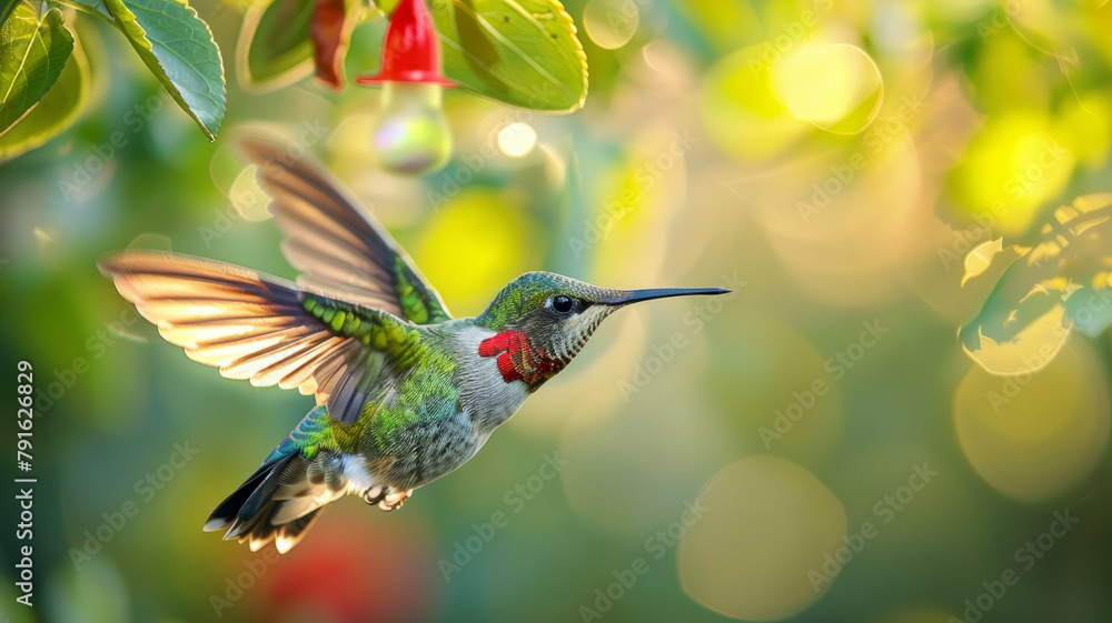 Naklejka premium A hummingbird hovering near flowers.