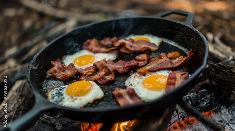 Camping breakfast with eggs and bacon cooked in a cast iron skillet over a fire Camping breakfast with eggs and bacon cooked in a cast iron skillet over a fire