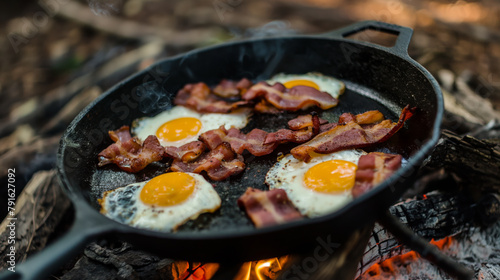 Camping breakfast with eggs and bacon cooked in a cast iron skillet over a fire