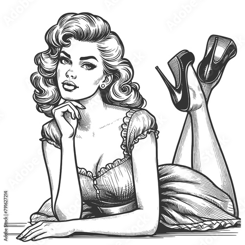  pin-up girl lying down with her heels lifted, showcasing vintage beauty style sketch engraving generative ai fictional character raster illustration. Scratch board imitation. Black and white image.