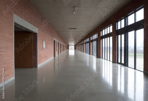 A long, empty hallway with glass windows and brick walls. The floor is made of concrete and the ceiling has a wooden paneled design. The hallway appears to be part of a larger building