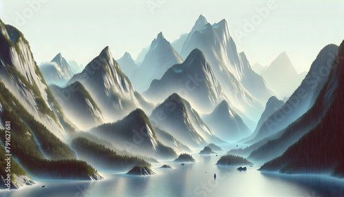 3D Icon of Norwegian Fjords in Drizzle: Majestic Nordic Serenity in Rain Season - Stock Photo Concept