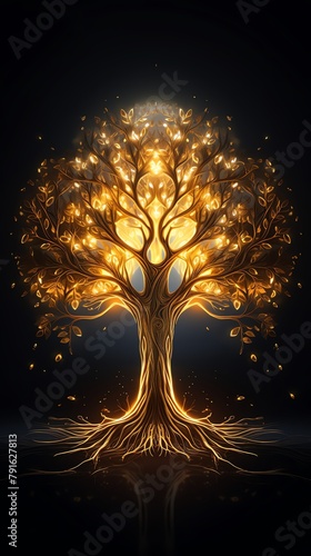 A golden tree with glowing leaves and roots on a black background.