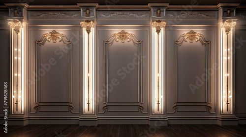 An image of a classic interior with columns, pilasters, and wall panels with moldings. The walls are dark gray and the moldings are gold. There is a dark wood floor. photo
