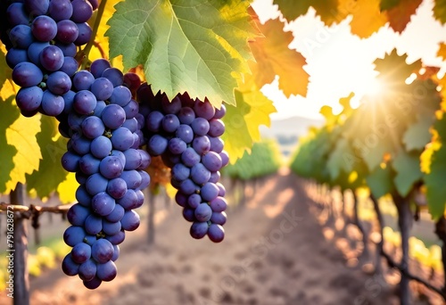Clusters of ripe purple grapes hanging on a vine in a vineyard, with a warm, golden sunlight filtering through the leaves