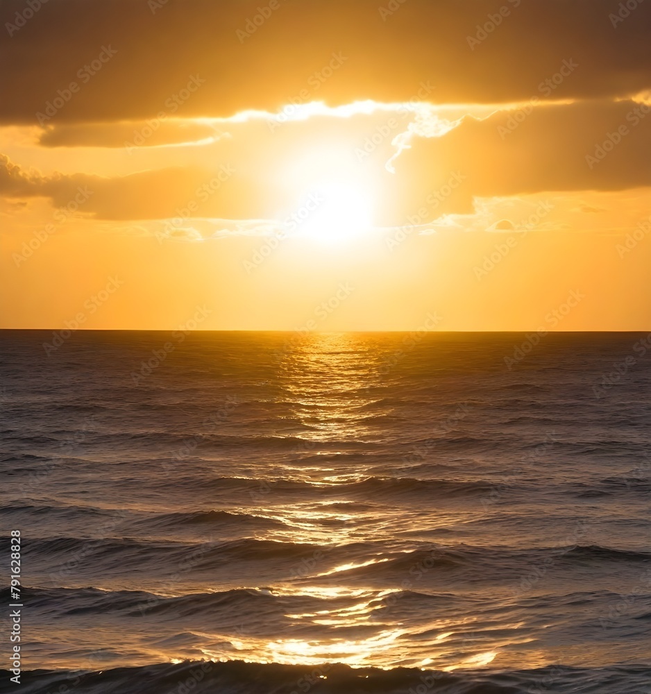 A dramatic sunset over the ocean, with the sun's rays bursting through the clouds and reflecting on the calm, golden waters