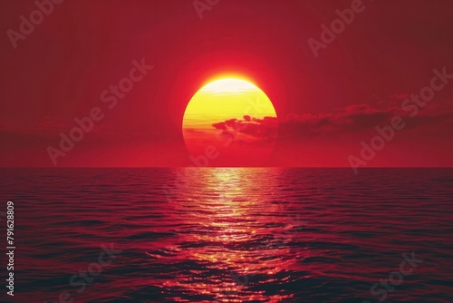 Red tone sunset silhouette cloud seascape round big orange sun horizon shiny shadow