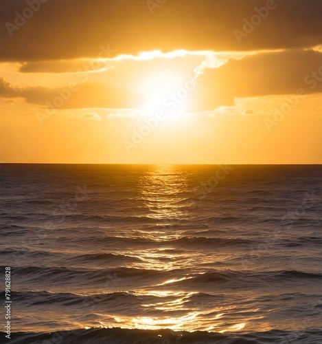 A dramatic sunset over the ocean, with the sun's rays bursting through the clouds and reflecting on the calm, golden waters © aicha