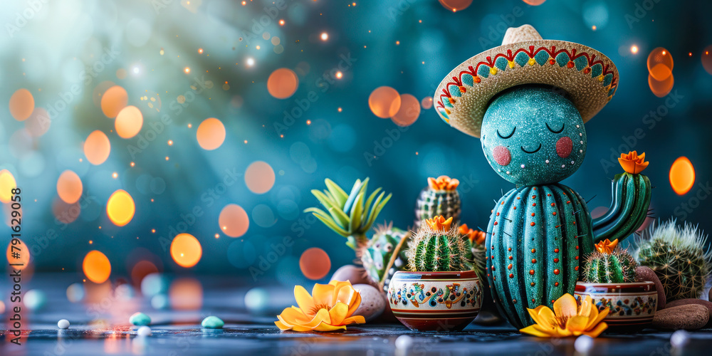 Cinco de mayo holiday blue background with charming animated cactus figure wearing a sombrero ,cactuses in pots . Copy space for text. Concept: celebration, backgrounds , decoration