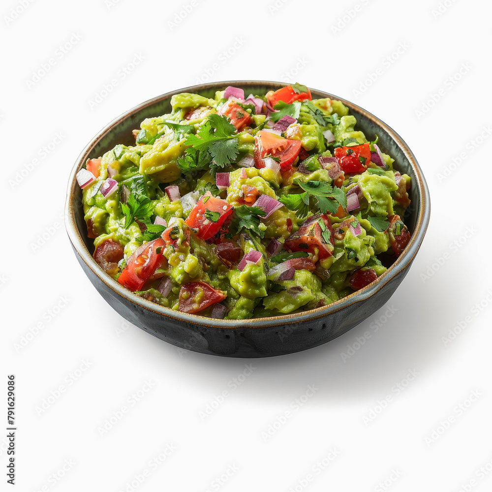 Guacamole adorned with ripe tomato chunks and red onion in a rustic bowl, homemade Mexican cuisine. Isolated on white bckground.