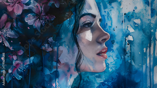 portrait of a woman blue watercolour