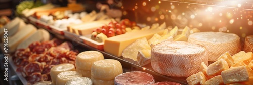 A variety of cheese wheels and slices on display at a deli, showcasing an array of textures and colors