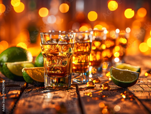 Inviting tequila shots garnished with fresh lime slices, a warm, bokeh light background. Perfect for travel and food articles , Copy space.