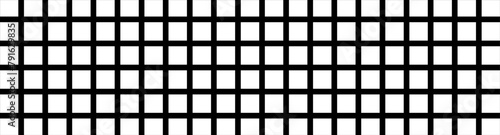 Black and white grid pattern. Monochromatic square grid. Abstract checkerboard design with equal squares. Wide banner. Geometric background, digital wallpaper. Optical illusion. Rhythm and balance