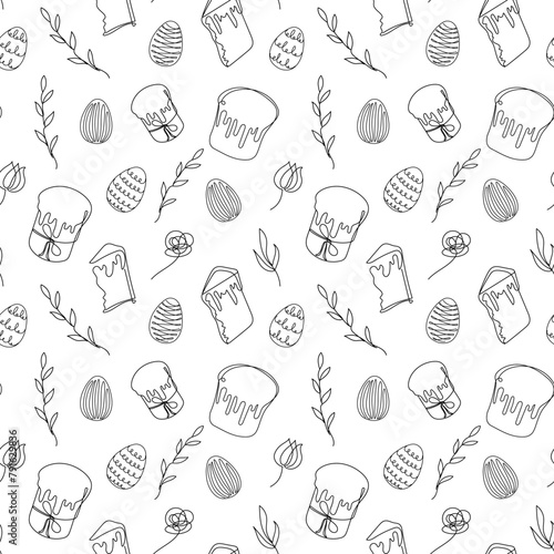 Seamless pattern of Easter eggs, Easter Kulich cakes, floral elements. Black and white. Line art. White backdrop. Festive design. Easter decoration, wrapping paper, greeting, textile, print