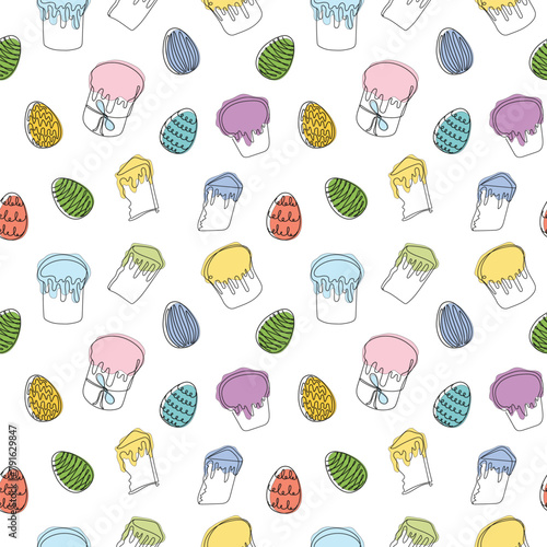 Seamless pattern of colorful Easter eggs with Easter Kulich cakes. Continuous one line drawing. Isolated on white backdrop. Festive design. Easter decoration, wrapping paper, greeting, textile, print