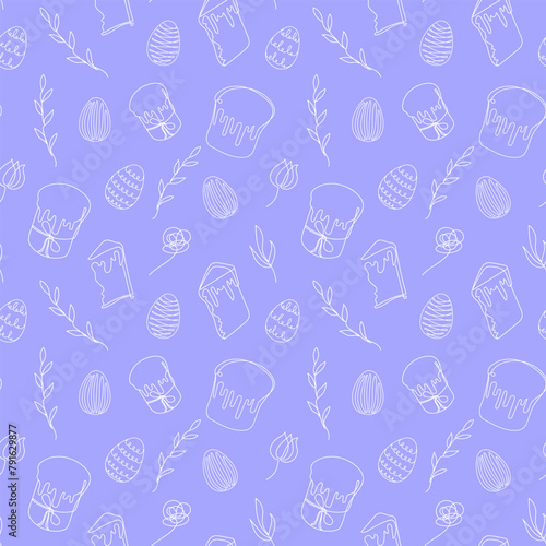 Seamless pattern of Easter eggs, Easter Kulich cakes and floral elements. Continuous one line drawing. Blue backdrop. Festive design. Easter decoration, wrapping paper, greeting, textile, print