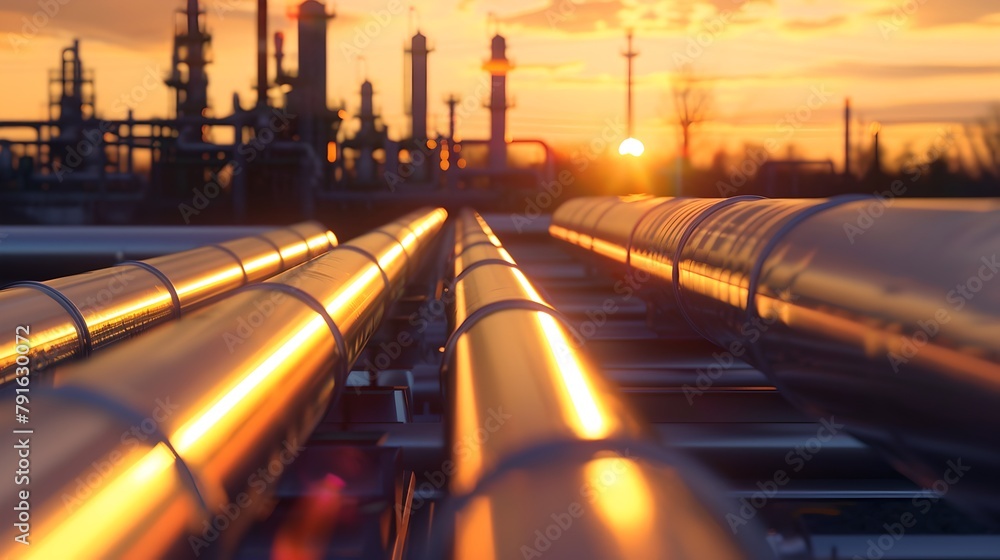 Gleaming pipelines at industrial complex during sunset. Modern energy infrastructure, oil and gas transport. Reflective metal surfaces in warm light. AI Gleaming pipelines at industrial complex during sunset. Modern energy infrastructure, oil and gas transport. Reflective metal surfaces in warm light. AI