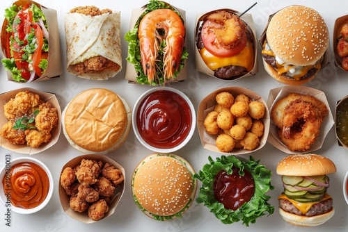 A collection of fast food on white background, with fried prawns, hot dogs, chicken nuggets, breakfast wraps and fried chicken burgers. Closeup of different kinds of fast foods. photo