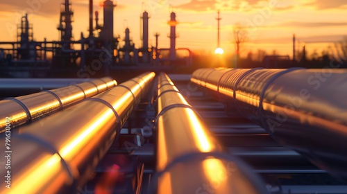 Gleaming pipelines at industrial complex during sunset. Modern energy infrastructure, oil and gas transport. Reflective metal surfaces in warm light. AI