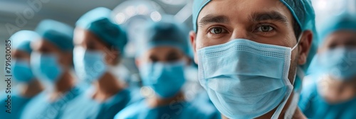 Team of focused healthcare professionals wearing surgical masks and scrubs in a medical setting photo
