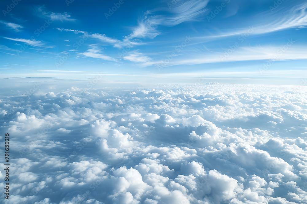 From an airplane window - a serene sea of clouds unfolds below - offering passengers a tranquil glimpse into the boundless sky From an airplane window - a serene sea of clouds unfolds below - offering passengers a tranquil glimpse into the boundless sky