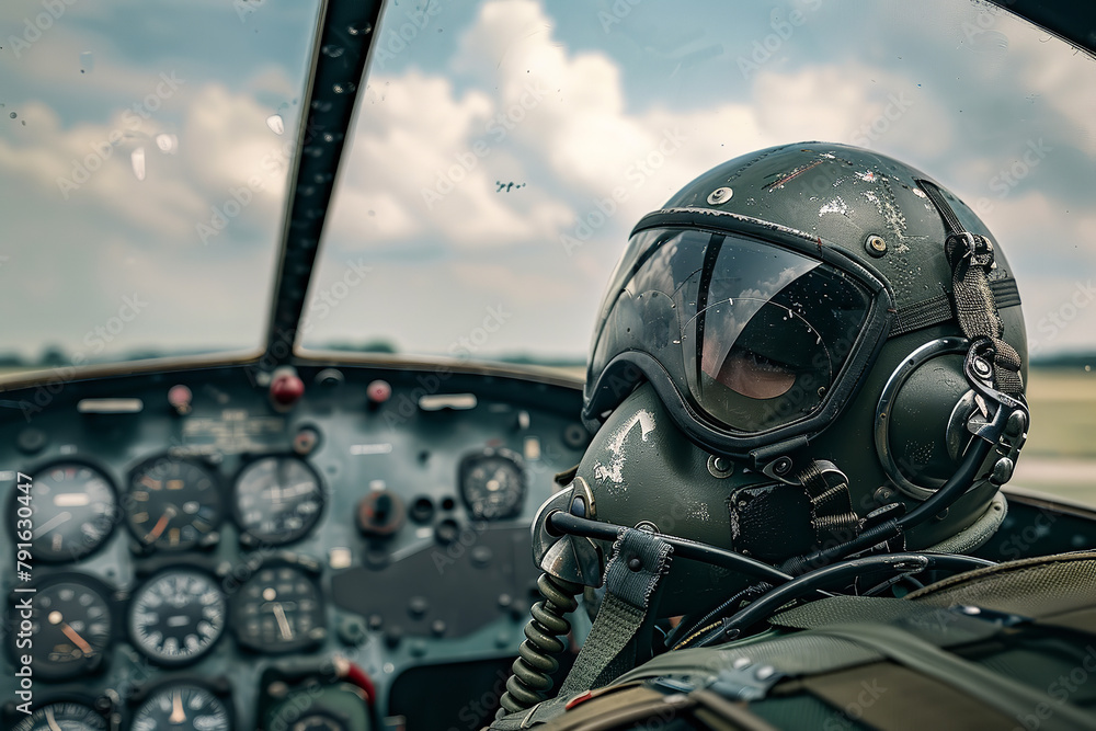 Fototapeta premium pilot's helmet resting on the cockpit dash of a vintage warplane, evoking the bravery and spirit of aviators past 