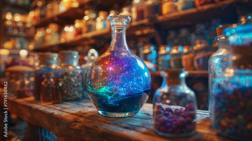 Colorful potion in glass flask on shelf Colorful potion in glass flask on shelf