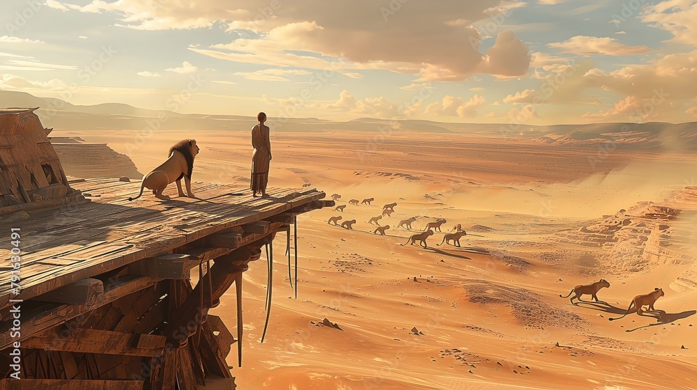 Lone Traveler Gazes Over Vast Desert as Majestic Lions Stalk Across the Sands at Sunset - obrazy, fototapety, plakaty 