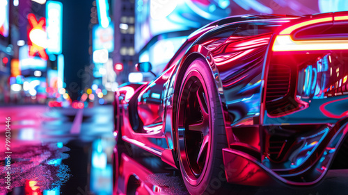 Red sports car in a neon-lit city at night