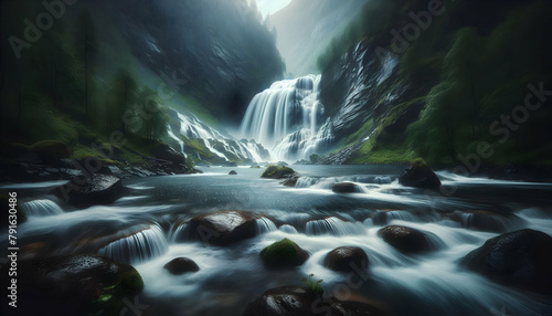 Tranquil Cascade: Norwegian Waterfall in Rain Season - Serene Fjords and Nature's Calm Photography Stock Concept