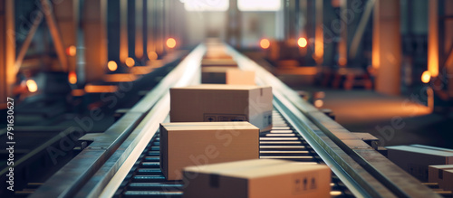 modern conveyor belt in a distribution warehouse with cardboard box