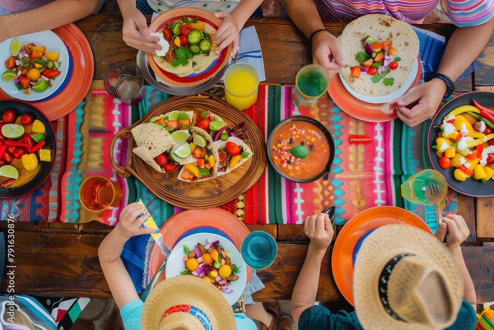 Mexican family celebrates Cinco de mayo together at a festive table with mexican food and drinks