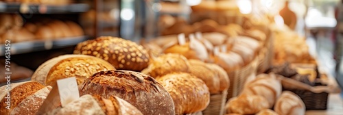 A variety of freshly baked artisan breads displayed invitingly in a rustic bakery atmosphere