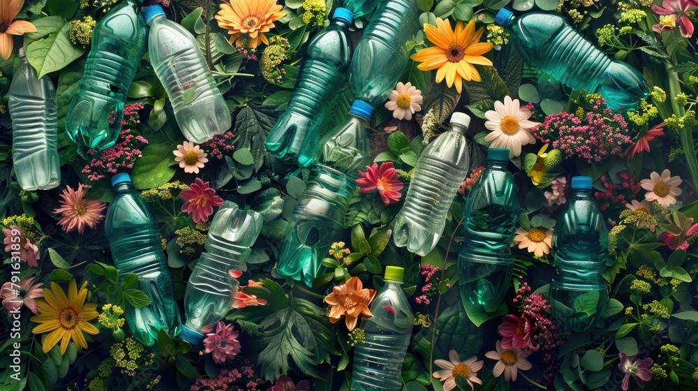 Naklejka premium Background with plastic bottles among flowers and plants. Recycle, environmental contamination, pollution problem, ecology concept