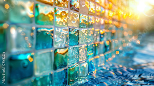 Sunlit blue mosaic tiles with water droplets. photo