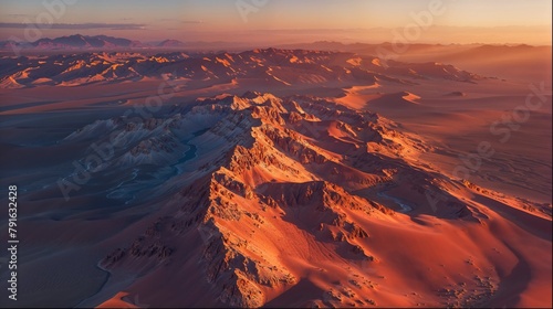 an aerial view of a desert landscape at sunset