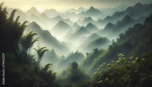 Misty Mountains of China: A Tranquil Rainy Scene with Adorned Bamboo Leaves - Rainy Season Photo Stock Concept